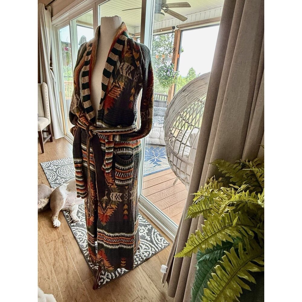 Faherty Paloma Duster Women’s Size S Colorful Aztec Knit Maxi Belt Shawl Collar